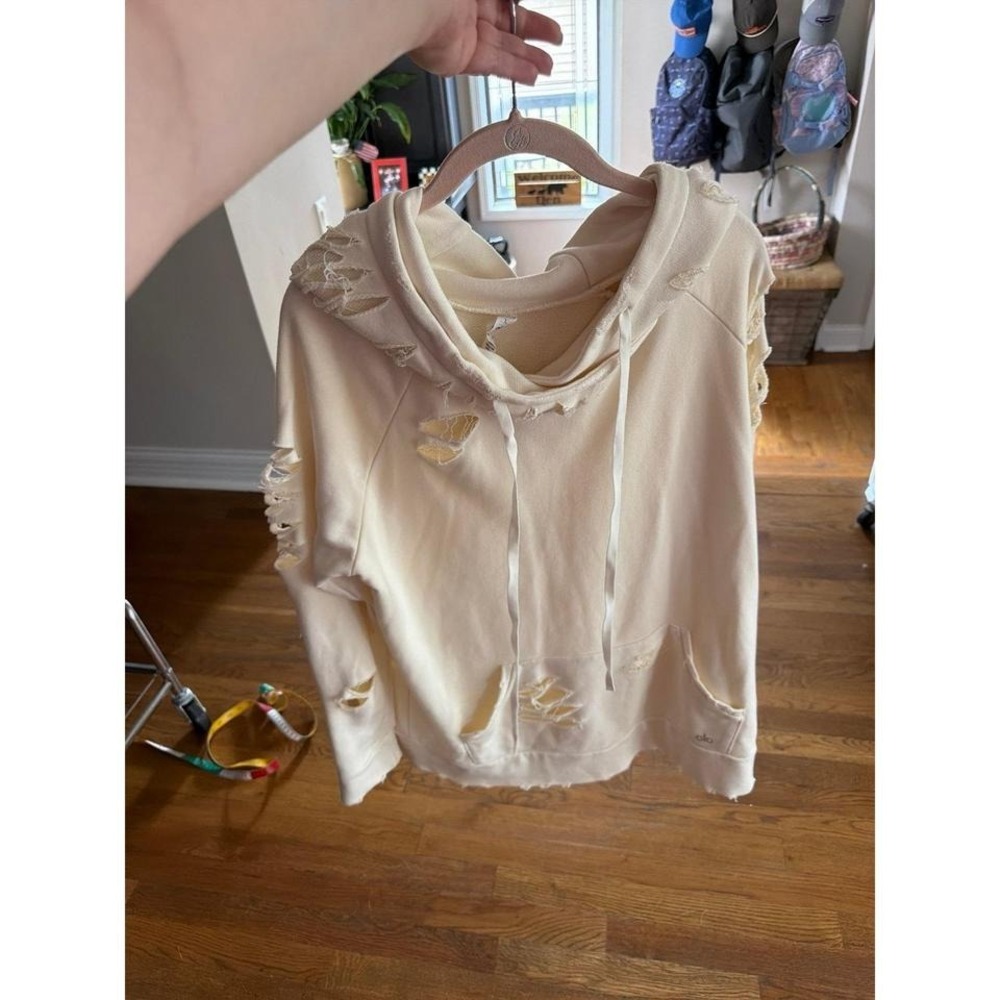 Alo Yoga ivory ripped hoodie sweatshirt featuring distressed detailing‎ large